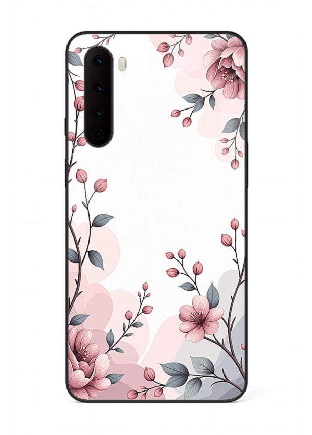 Corner floral bouquet artwork on OnePlus Nord glass back cover with decorative botanical details.