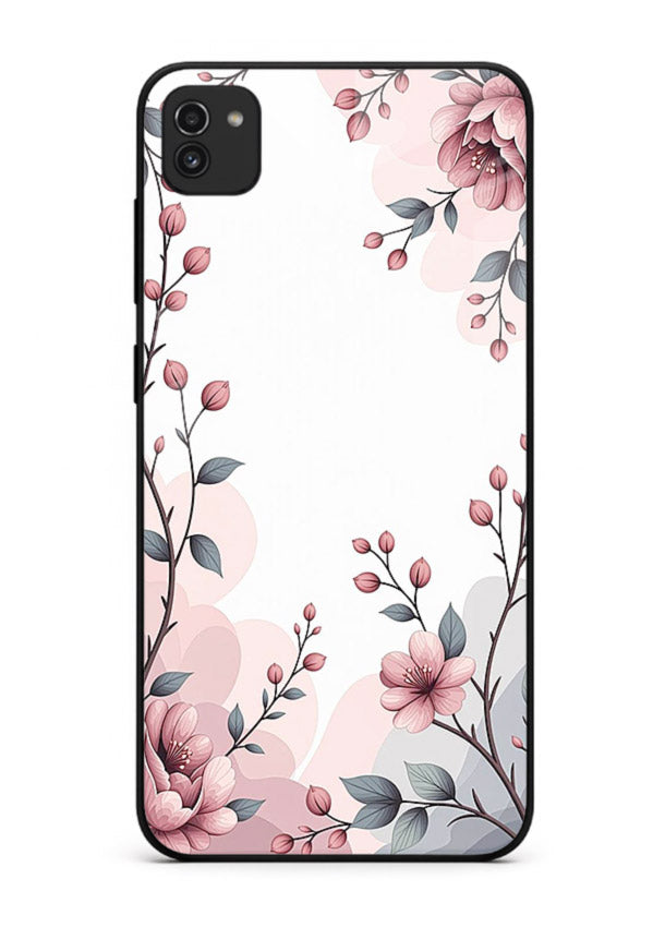 Corner floral bouquet artwork on Samsung A03 glass back cover with decorative botanical details.