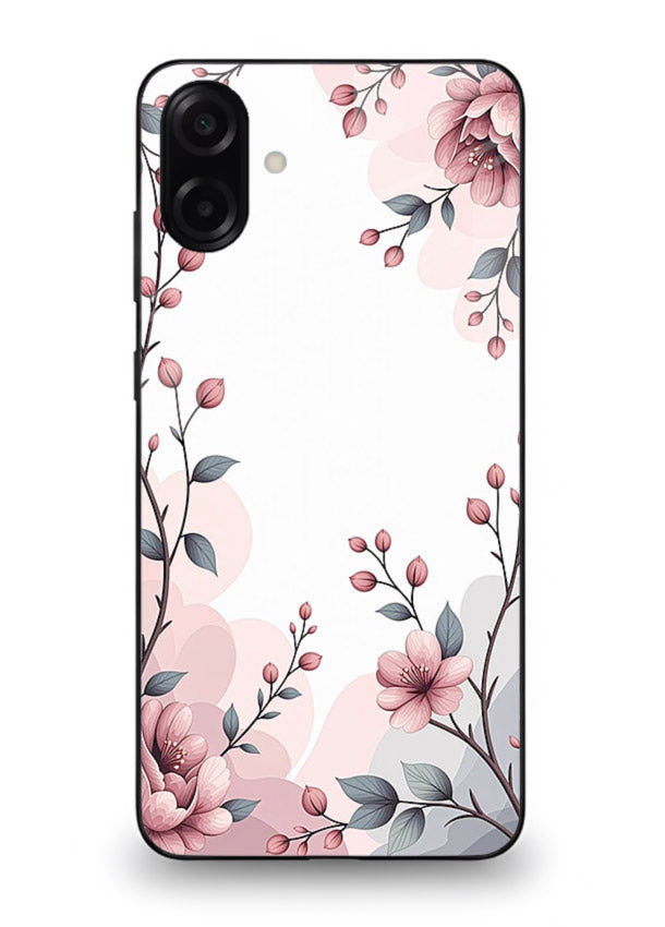 Corner floral bouquet artwork on Samsung M13 5G glass back cover with decorative botanical details.