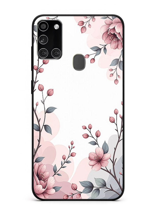 Corner floral bouquet artwork on Samsung A21s glass back cover with decorative botanical details.
