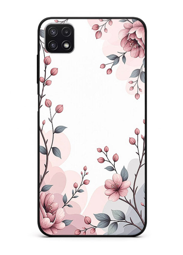 Corner floral bouquet artwork on Samsung F42 5G glass back cover with decorative botanical details.