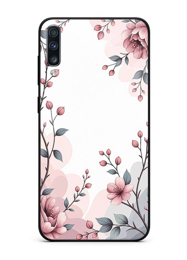 Corner floral bouquet artwork on Samsung A50 glass back cover with decorative botanical details.