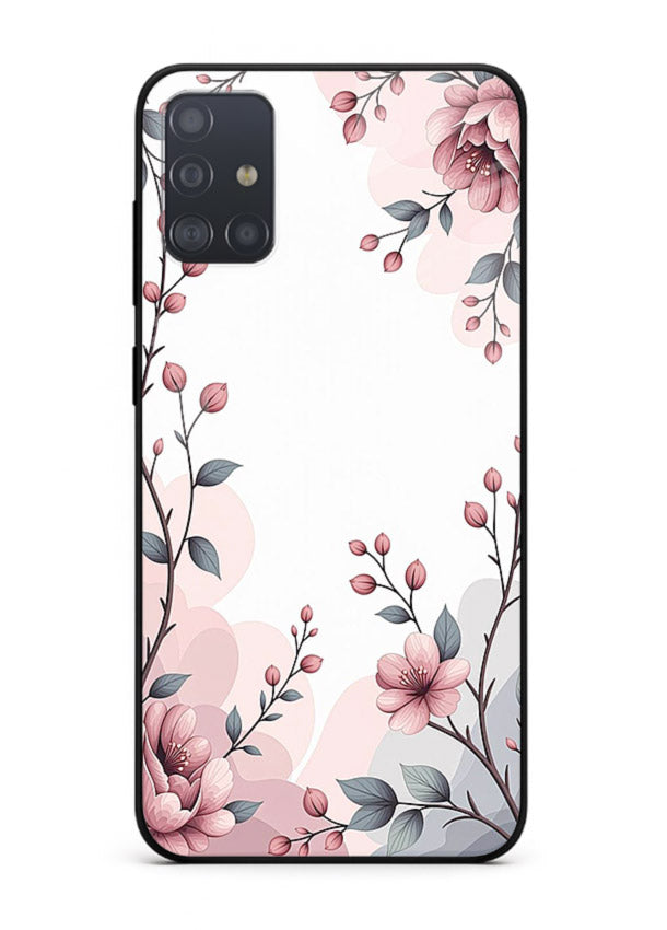 Corner floral bouquet artwork on Samsung A71 glass back cover with decorative botanical details.