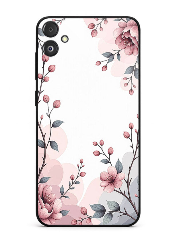 Corner floral bouquet artwork on Samsung F14 5G glass back cover with decorative botanical details.