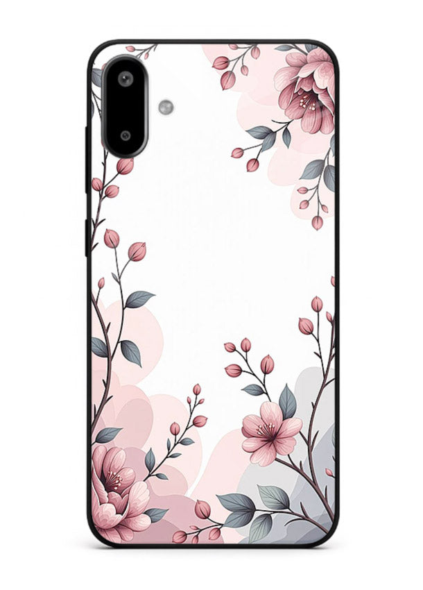Corner floral bouquet artwork on Samsung F06 5G glass back cover with decorative botanical details.