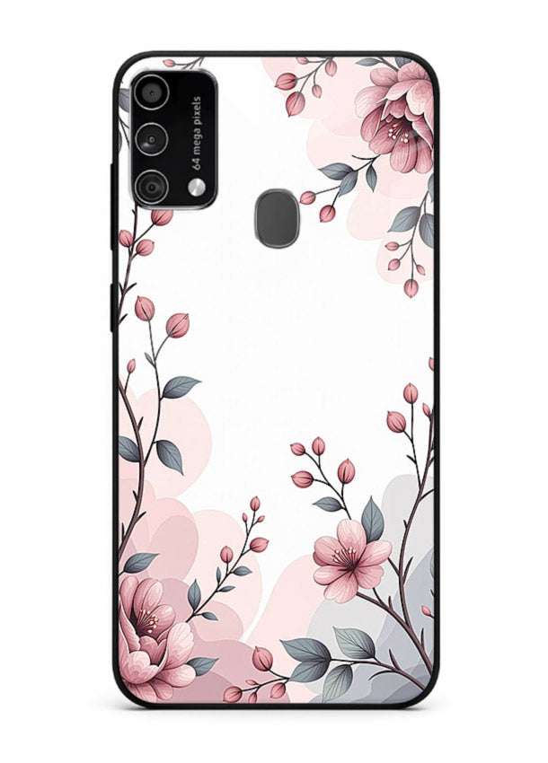 Corner floral bouquet artwork on Samsung F41 glass back cover with decorative botanical details.