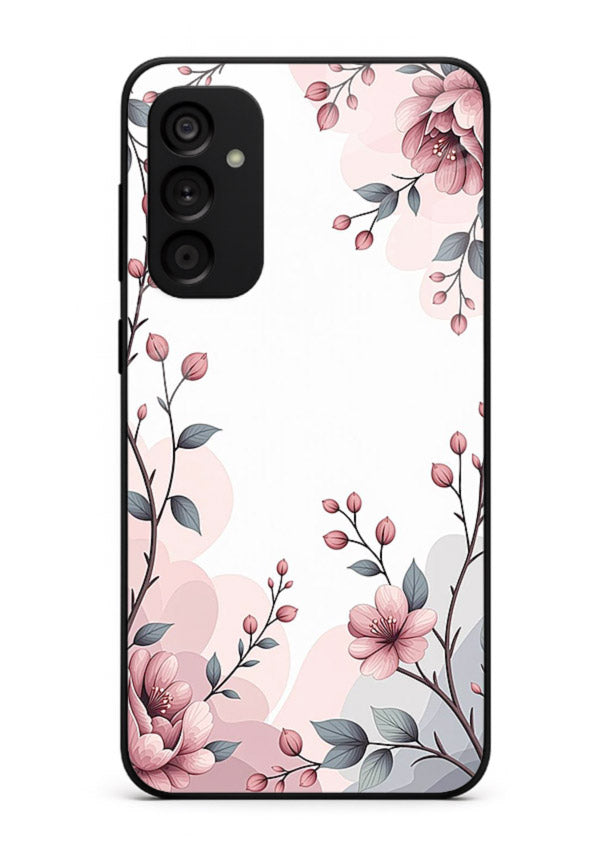 Corner floral bouquet artwork on Samsung M14 5G glass back cover with decorative botanical details.