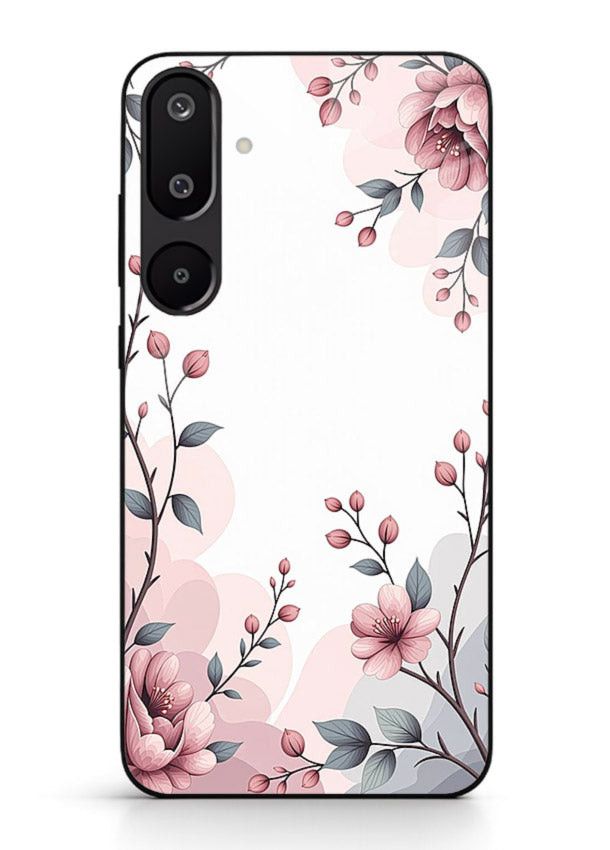 Corner floral bouquet artwork on Samsung M16 5G glass back cover with decorative botanical details.
