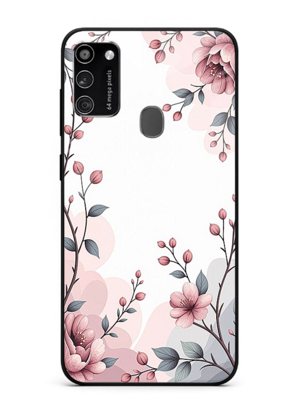 Corner floral bouquet artwork on Samsung M30s glass back cover with decorative botanical details.