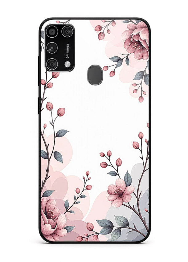 Corner floral bouquet artwork on Samsung M31 Prime glass back cover with decorative botanical details.