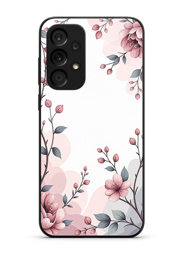 Corner floral bouquet artwork on Samsung A33 5G glass back cover with decorative botanical details.