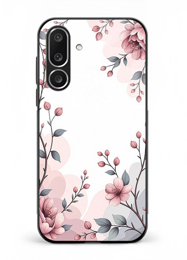Corner floral bouquet artwork on Samsung F56 5G glass back cover with decorative botanical details.