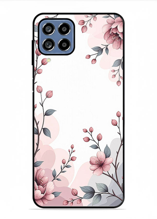 Corner floral bouquet artwork on Samsung F62 glass back cover with decorative botanical details.