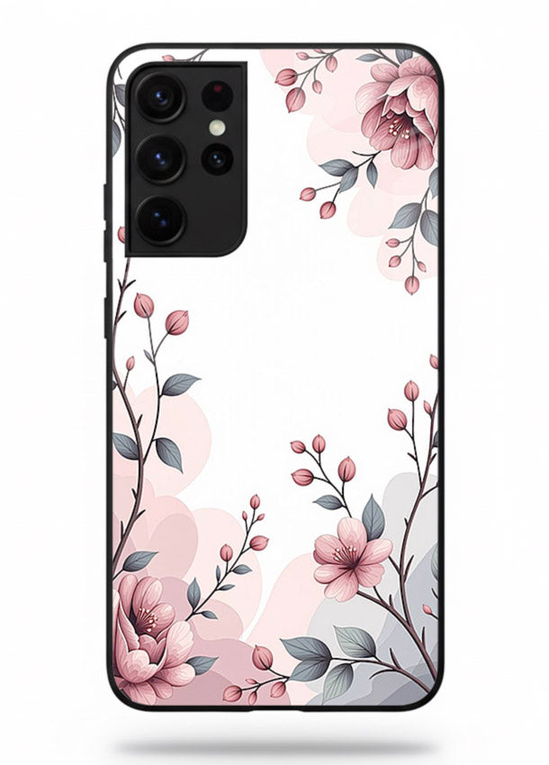 Corner floral bouquet artwork on Samsung S21 Ultra glass back cover with decorative botanical details.