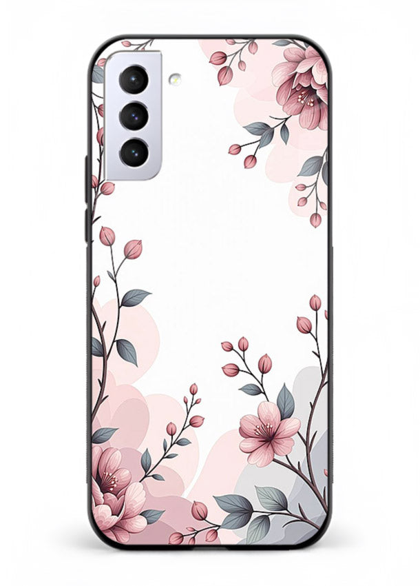 Corner floral bouquet artwork on Samsung S21 Plus glass back cover with decorative botanical details.