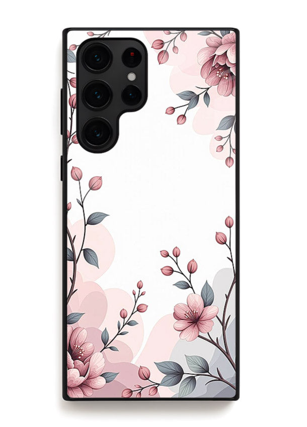 Corner floral bouquet artwork on Samsung S22 Ultra glass back cover with decorative botanical details.