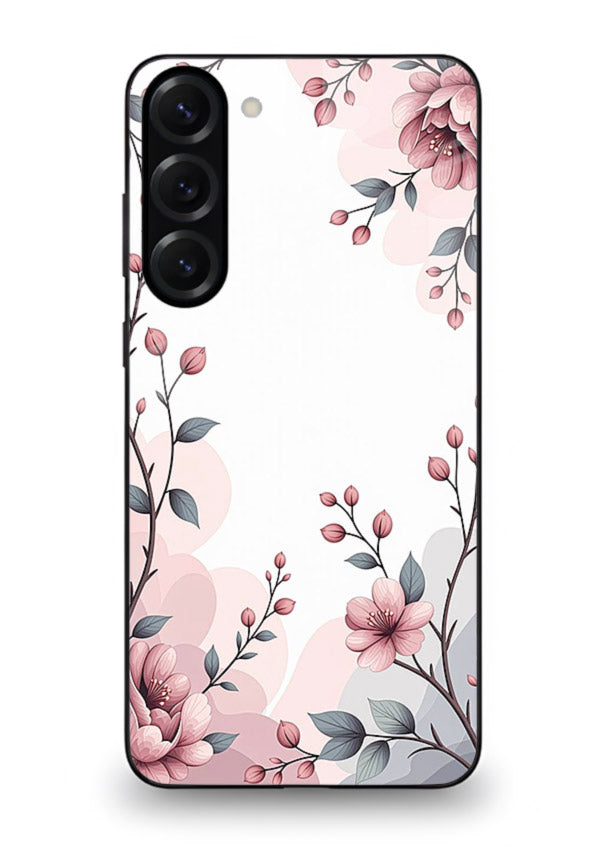 Corner floral bouquet artwork on Samsung S23 Plus glass back cover with decorative botanical details.