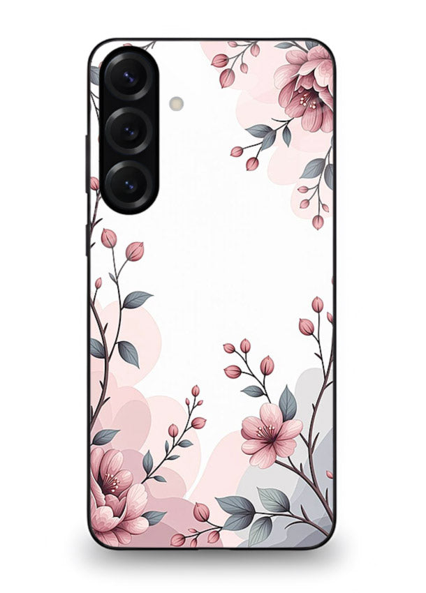 Corner floral bouquet artwork on Samsung S23 FE glass back cover with decorative botanical details.
