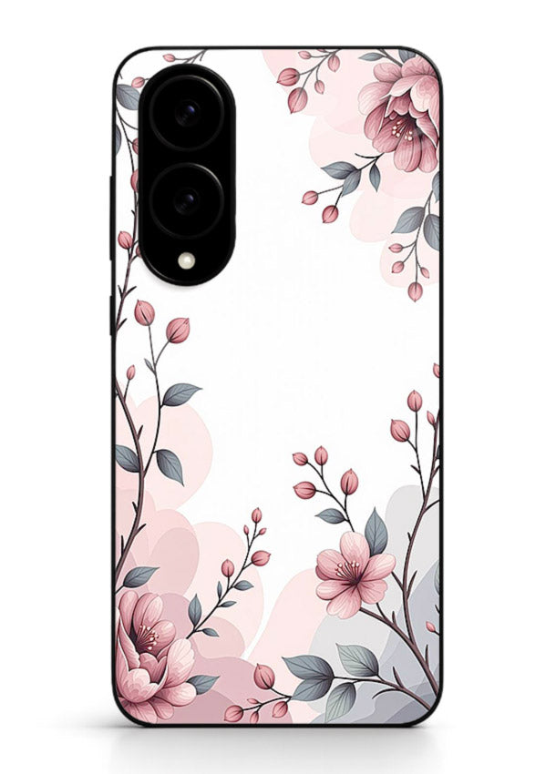 Corner floral bouquet artwork on Samsung S25 Edge glass back cover with decorative botanical details.