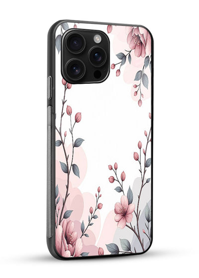 Corner floral bouquet artwork on glossy vibrant premium glass back cover with decorative botanical details. - Angle Side