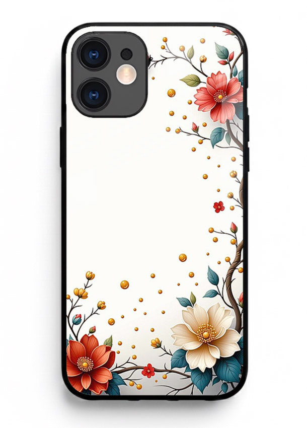 Rustic corner blossom artwork on iphone 12 glass back cover with textured floral detailing.