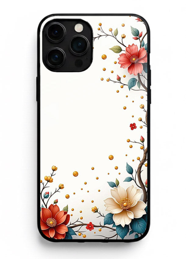 Rustic corner blossom artwork on iphone 16 pro max glass back cover with textured floral detailing.