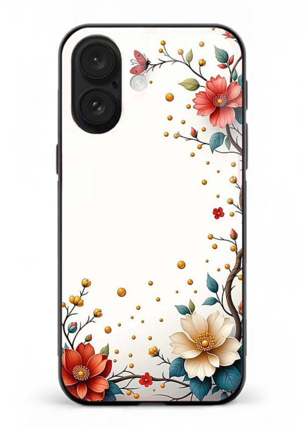 Rustic corner blossom artwork on iphone 16 plus glass back cover with textured floral detailing.