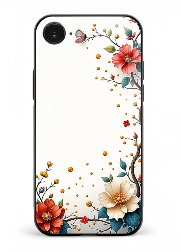Rustic corner blossom artwork on iphone 16e glass back cover with textured floral detailing.