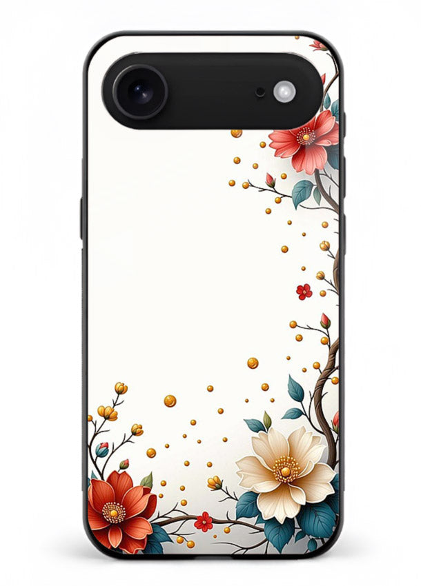 Rustic corner blossom artwork on iphone 18 air glass back cover with textured floral detailing.