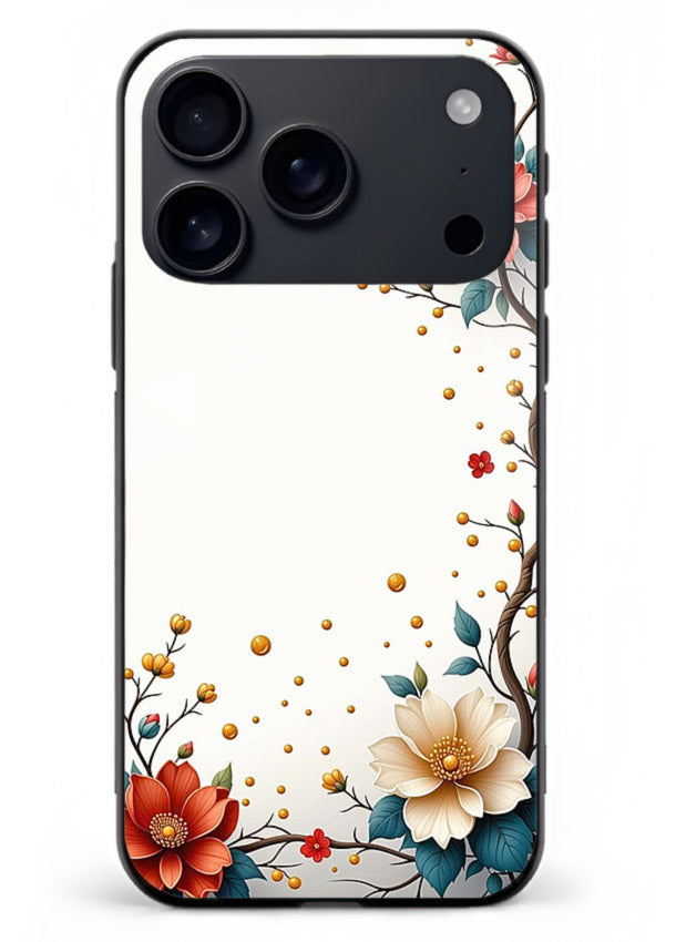 Rustic corner blossom artwork on iphone 18 pro max glass back cover with textured floral detailing.