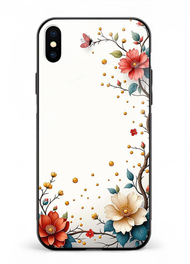 Rustic corner blossom artwork on iphone xs max glass back cover with textured floral detailing.