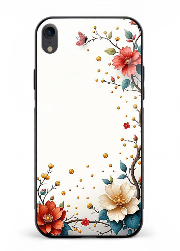 Rustic corner blossom artwork on iphone xr glass back cover with textured floral detailing.