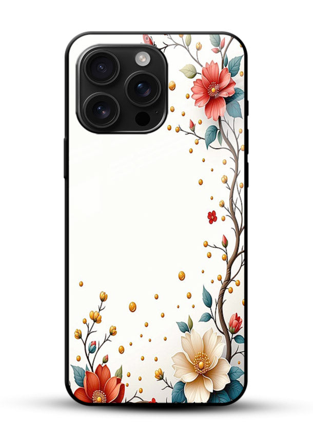 Rustic corner blossom artwork on glossy vibrant premium glass back cover with textured floral detailing. - Angle Front