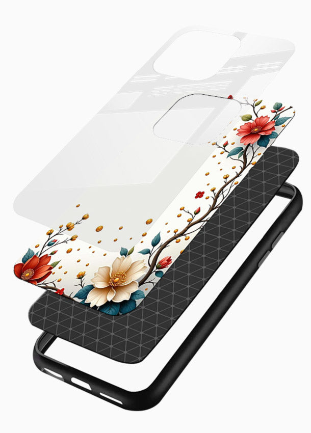 Rustic corner blossom artwork on glossy vibrant premium glass back cover with textured floral detailing. - Angle Layers