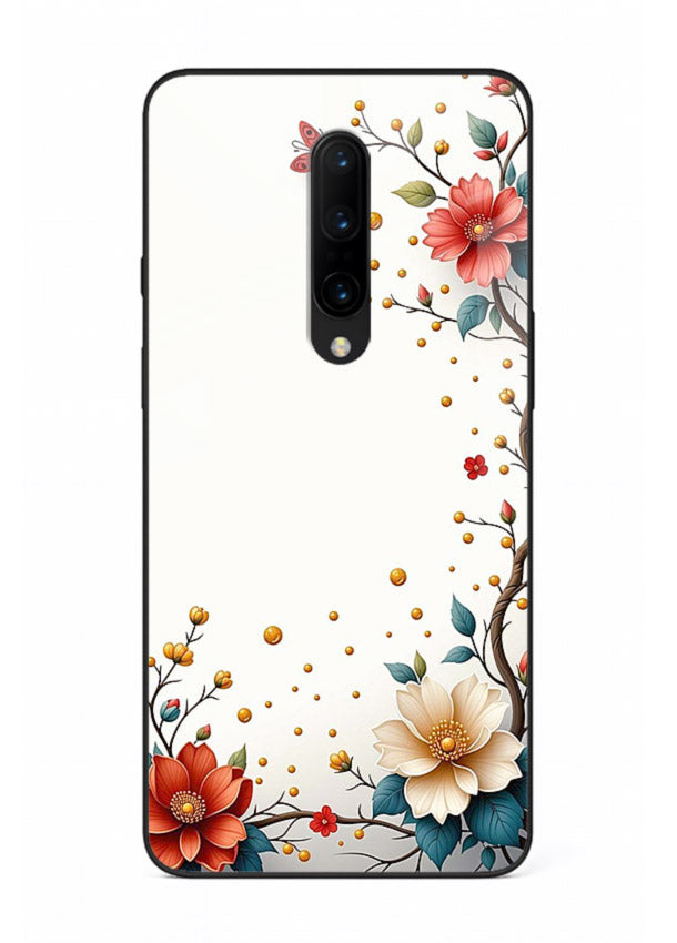 Rustic corner blossom artwork on OnePlus 7T Pro glass back cover with textured floral detailing.