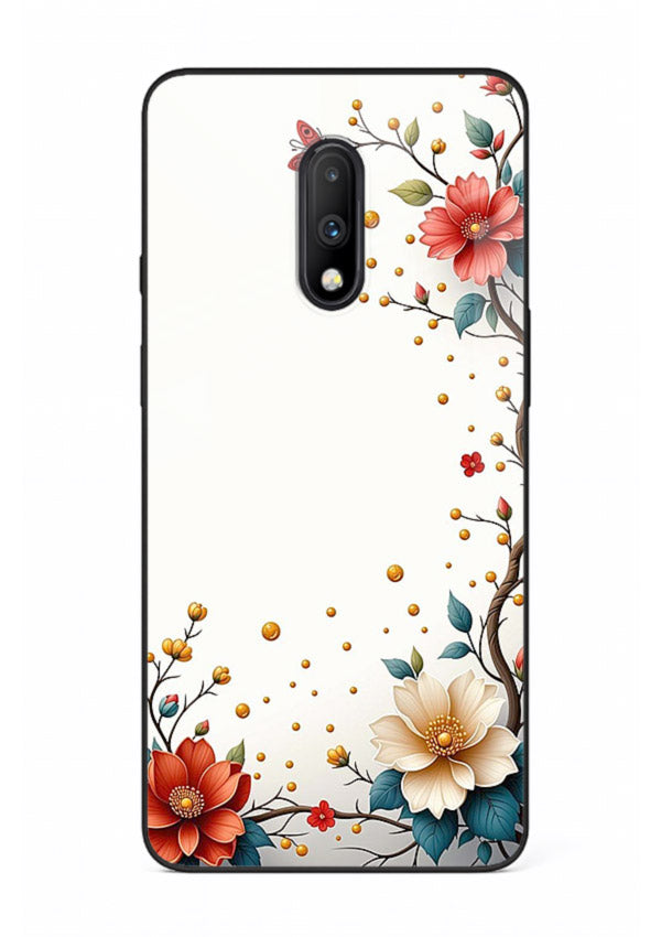 Rustic corner blossom artwork on OnePlus 7 glass back cover with textured floral detailing.