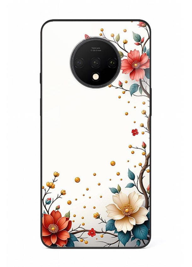 Rustic corner blossom artwork on OnePlus 7T glass back cover with textured floral detailing.