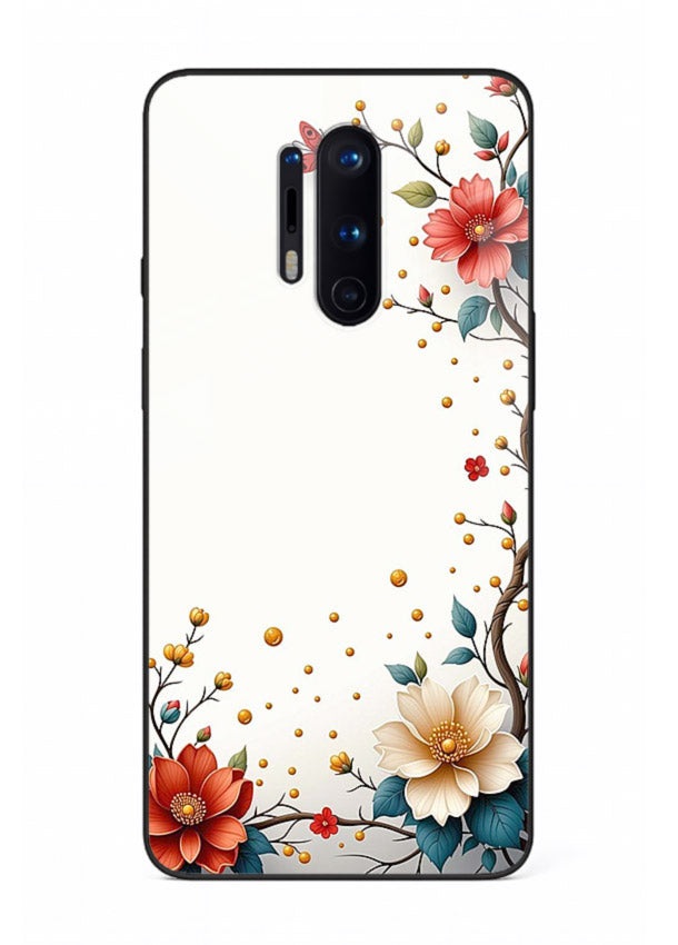 Rustic corner blossom artwork on OnePlus 8 Pro glass back cover with textured floral detailing.