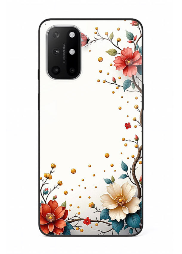 Rustic corner blossom artwork on OnePlus 8T glass back cover with textured floral detailing.