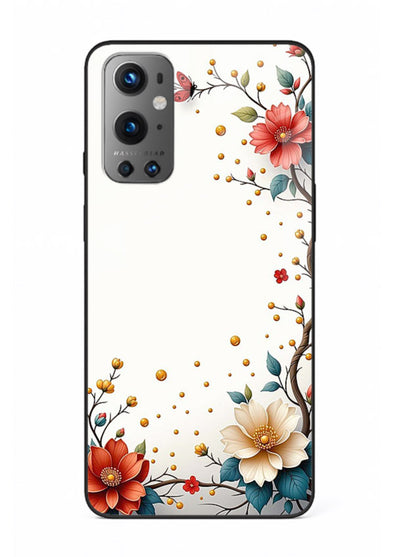 Rustic corner blossom artwork on OnePlus 9 glass back cover with textured floral detailing.