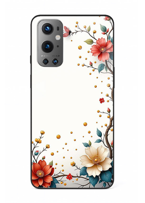 Rustic corner blossom artwork on OnePlus 9 glass back cover with textured floral detailing.
