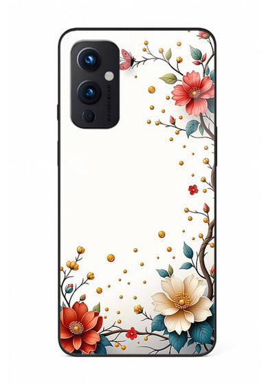 Rustic corner blossom artwork on OnePlus 9 Pro glass back cover with textured floral detailing.
