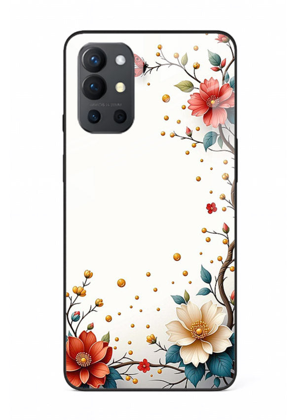 Rustic corner blossom artwork on OnePlus 9R glass back cover with textured floral detailing.