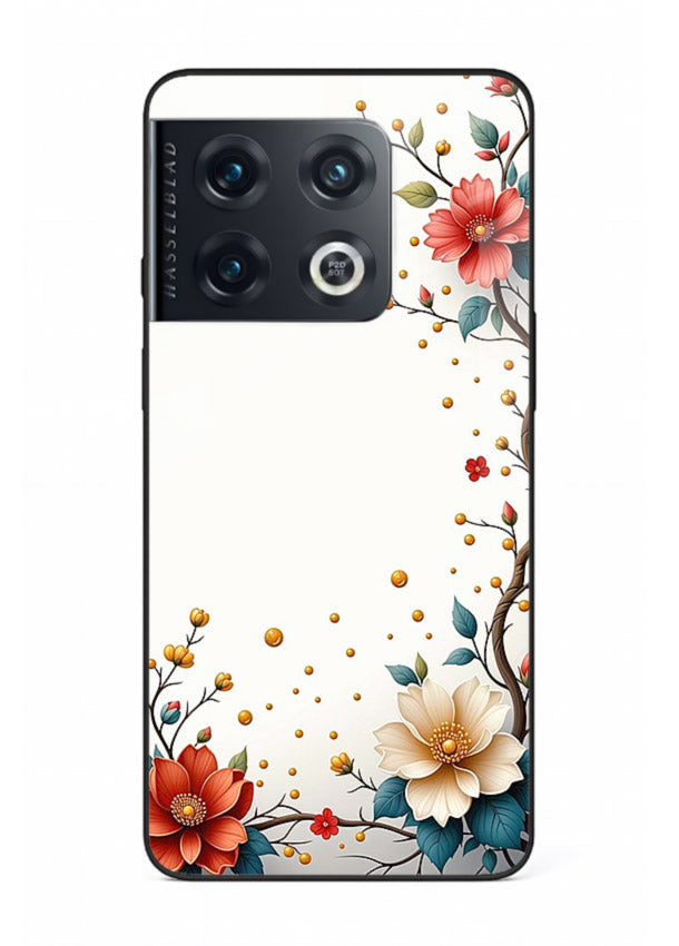 Rustic corner blossom artwork on OnePlus 10 Pro glass back cover with textured floral detailing.
