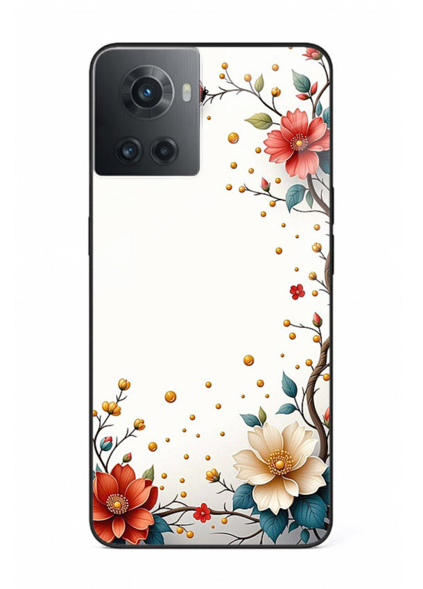 Rustic corner blossom artwork on OnePlus 10R glass back cover with textured floral detailing.
