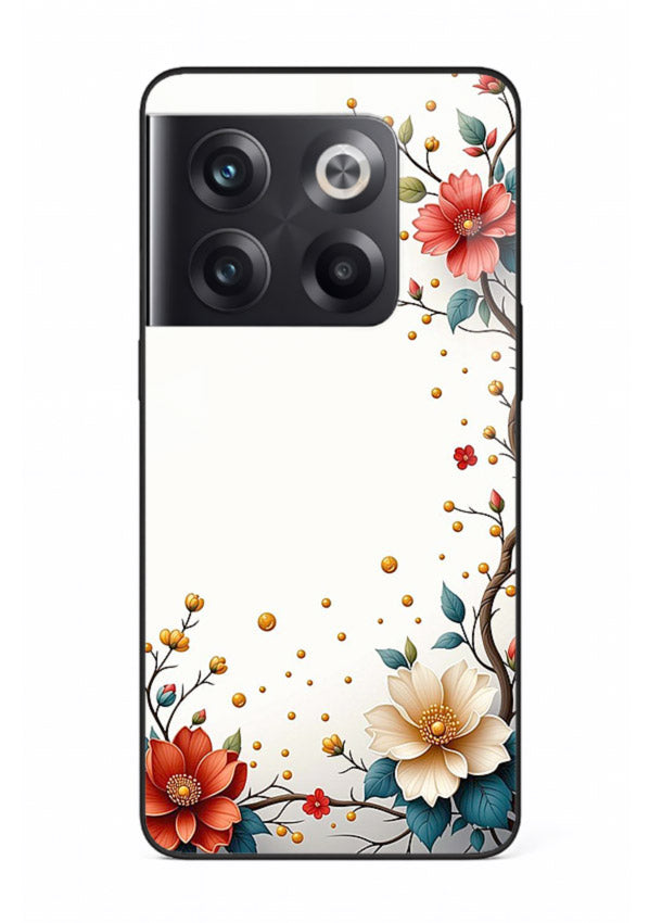 Rustic corner blossom artwork on OnePlus 10T glass back cover with textured floral detailing.