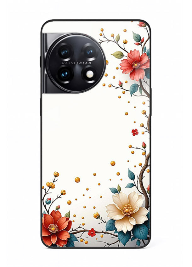 Rustic corner blossom artwork on OnePlus 11R glass back cover with textured floral detailing.