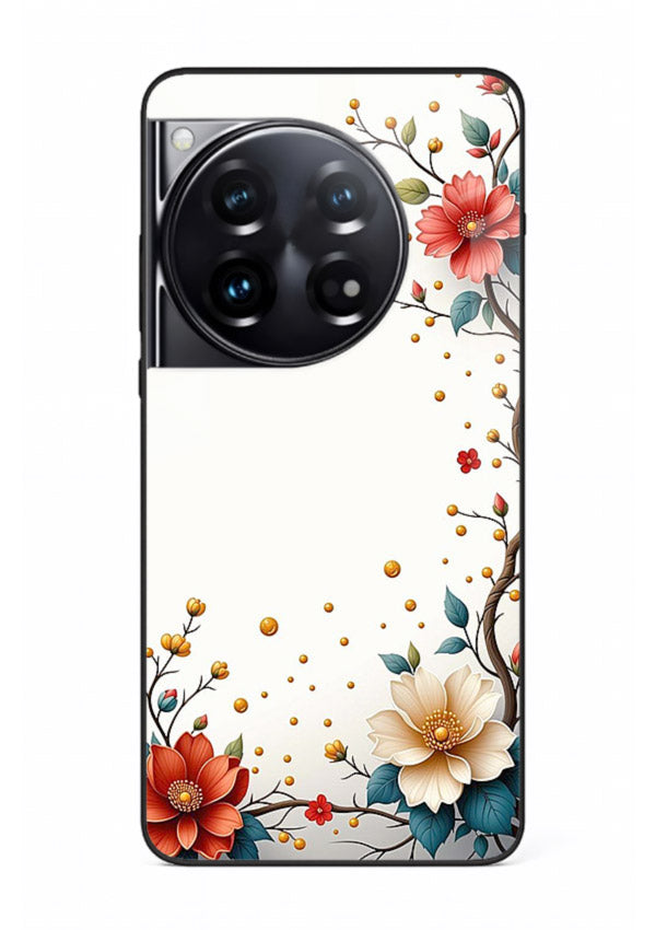 Rustic corner blossom artwork on OnePlus 12 glass back cover with textured floral detailing.
