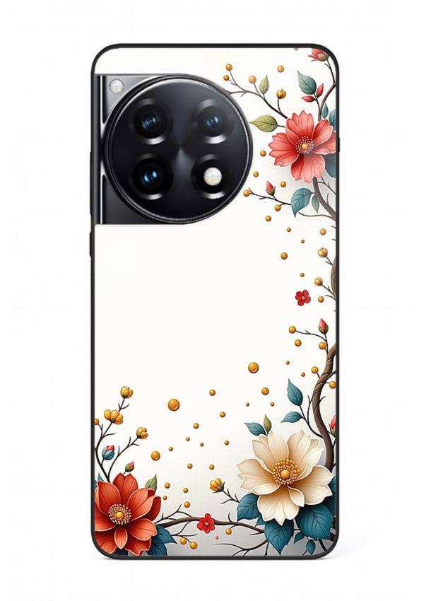 Rustic corner blossom artwork on OnePlus 12R glass back cover with textured floral detailing.