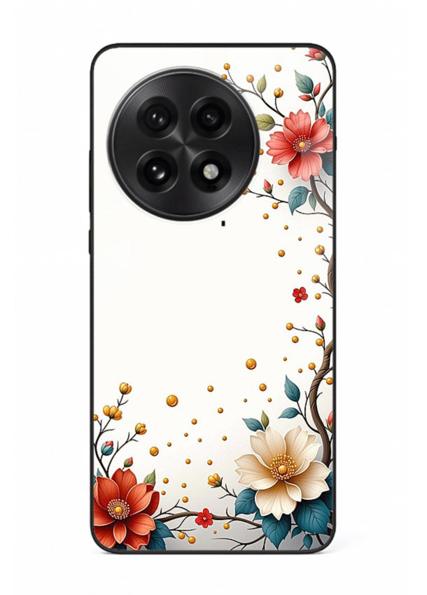 Rustic corner blossom artwork on OnePlus 13 glass back cover with textured floral detailing.